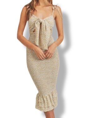 MABLE Kira Tie Front Smocked Floral Midi Dress - Size Medium